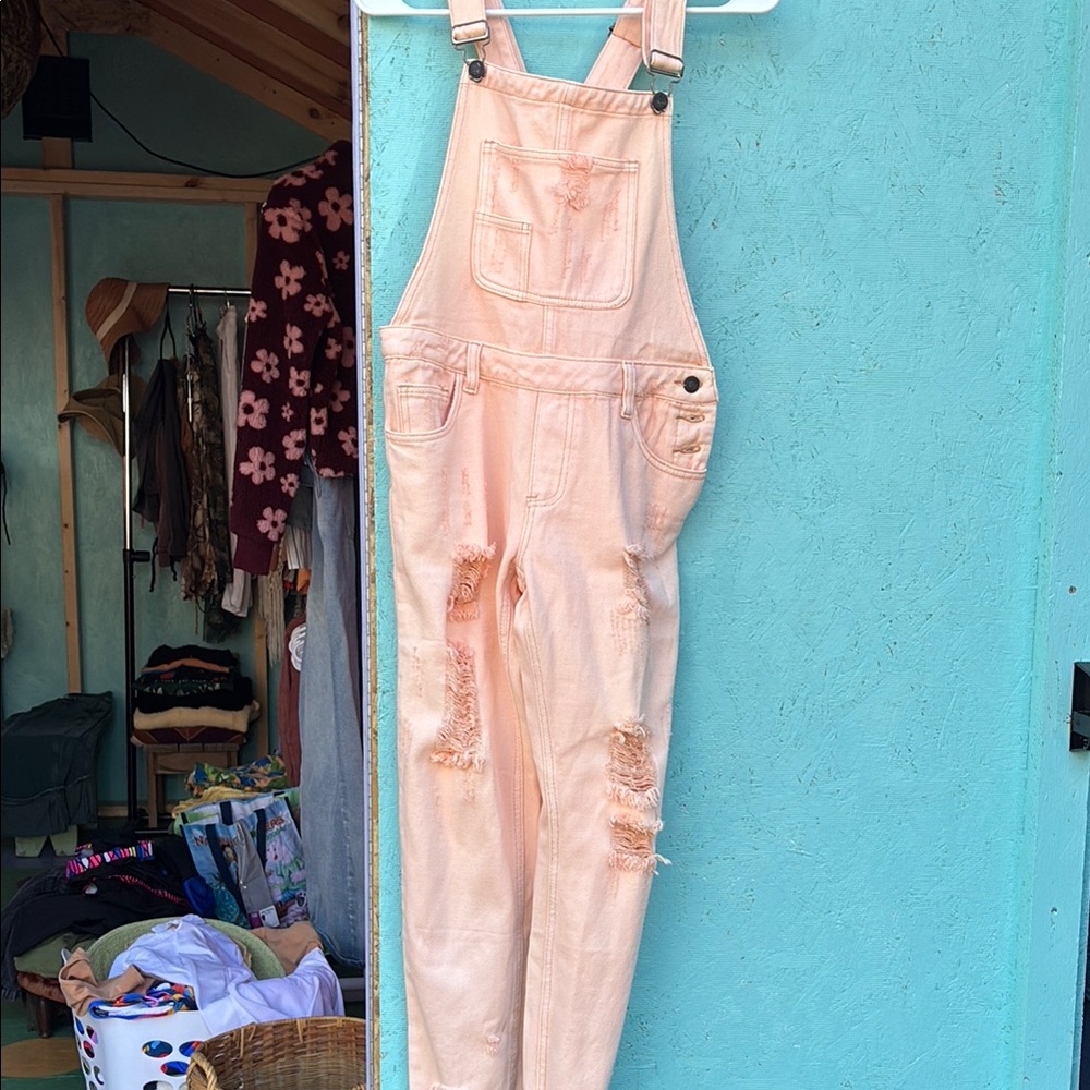 Peach Distressed Women's Denim Overalls - Casual Bib Jumpsuit